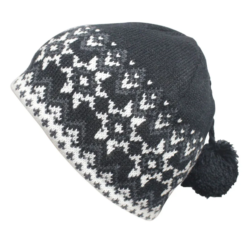 Flower Patterned Knitted Fleece Lined Beanie Hat with Ball