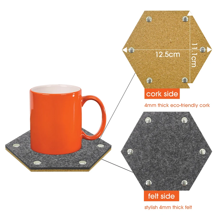 New Design Custom Felt+Cork Cup Coaster Tea Coffee Drink Coaster Table Mat Set of 10 Pcs with Felt Holder