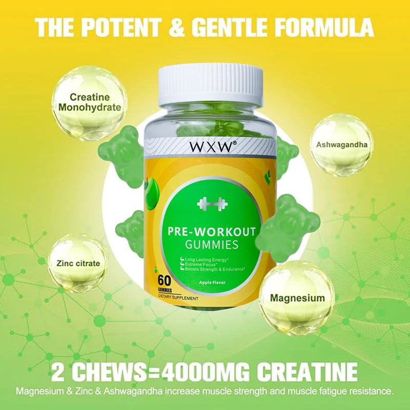 WXW Stock Pre-Workout Gummies Energy Boosting Gummy Workout Supplement Gummies Boosts Strength & Endurance