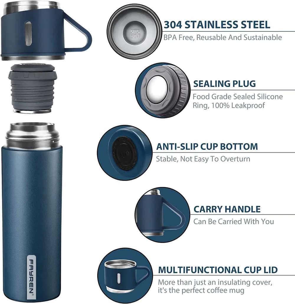 Custom Logo Travel Coffee Outdoor Tea Stainless Steel Vacuum Flask Thermos Mug Gift Set For Corporate Business