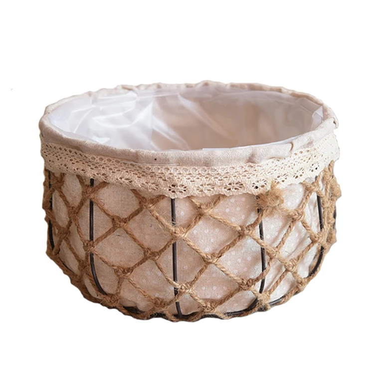 Wholesale handmade multi designs metal shelf jute woven flower basket iron garden flower pot