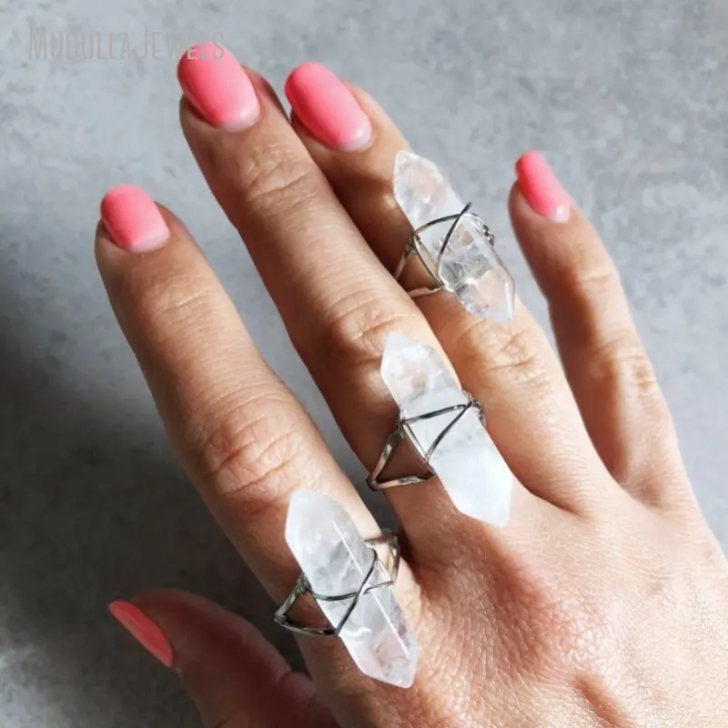 RM43725 Raw Clear Quartz Crystal Double Point Wire Wrapped Adjustable Finger Rings Silver Plated Bohemian Chic Bridesmaid Gift