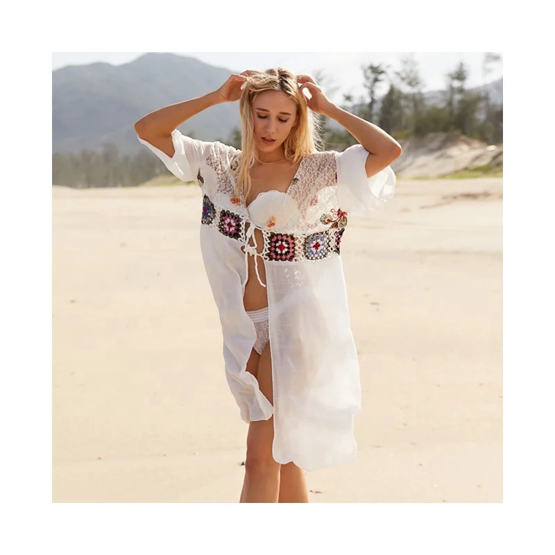2022  Beach Cover Up White Tunic Dress Women Clothing Plus Size Beach Cover Ups Hollow Out Overall