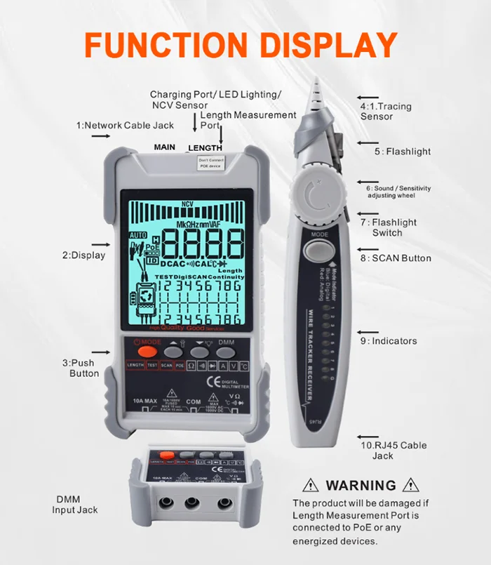 ET616 /ET618 Network Cable Tester Analogs Digital Search POE Test Cable Pairing Sensitivity Adjustable Network Cable Tester