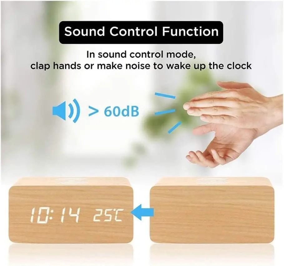 Digital Wooden Alarm Clock, 4-in-1 Multifunction, Bamboo and Wood,Wireless Charging Desk Clock,Wake up Light Sunrise Alarm Clock