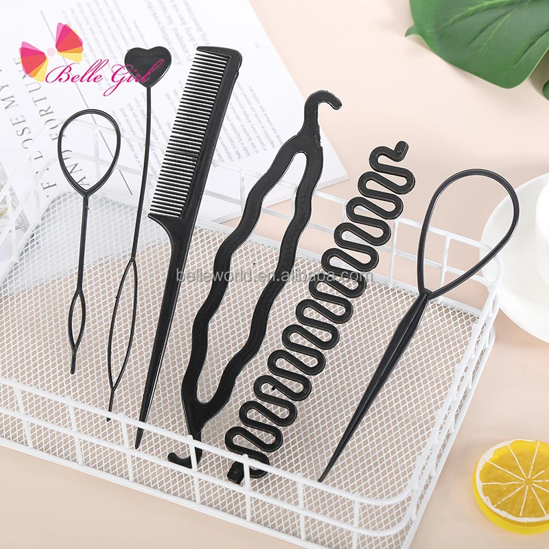 BELLEWORLD Wholesale High quality 6pcs bun maker braided salon hair combs hair bun maker hair styling tools set