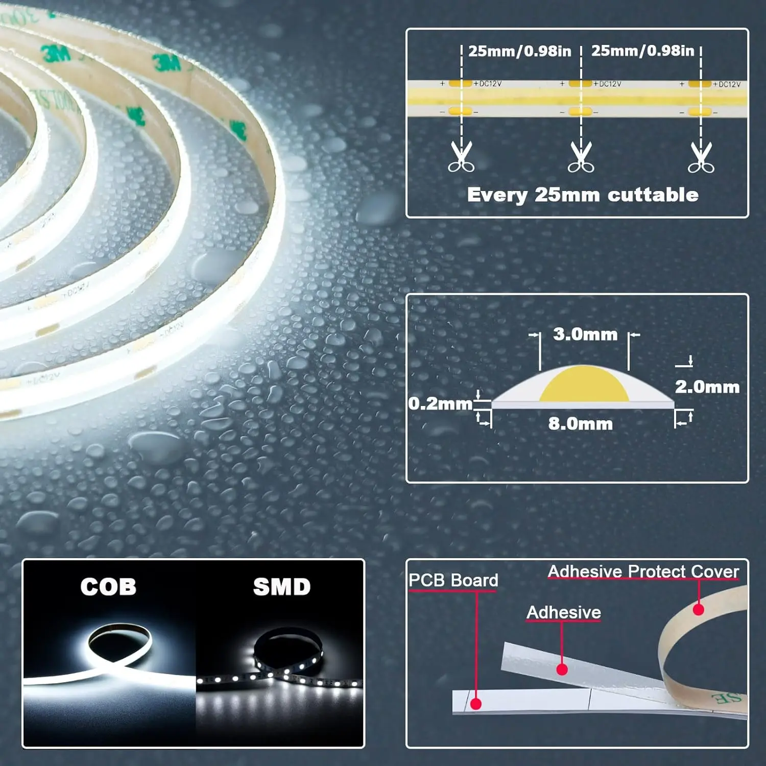2024 New design COB Led Strip Light Without led dot 24V 320LED/M Flexible no light spots for decorating