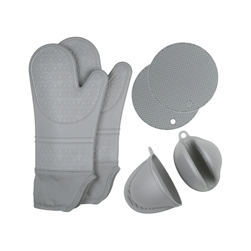 Hot Pads Extra Long Oven Mitts and Pot Holders Sets Heat Resistant Silicone Mittens with Gloves Mats Pads Potholders for Kitchen