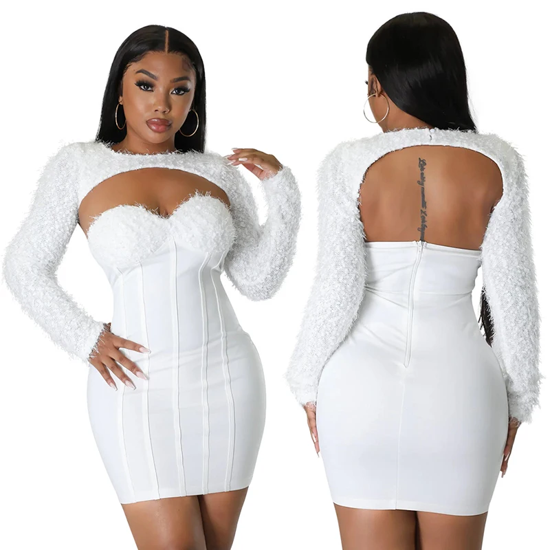 CY900172 Fast Shipping Women Casual Wear Two Piece Dress Set Long Sleeve  Wraps And Mini Bodycon Dresses Suit
