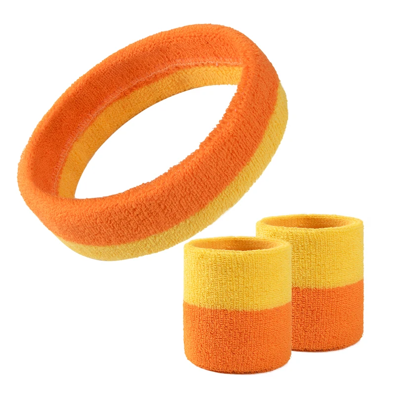 Ready to ship two colors one headband +two wristbands  orange yellow color sweatband set total 3pcs