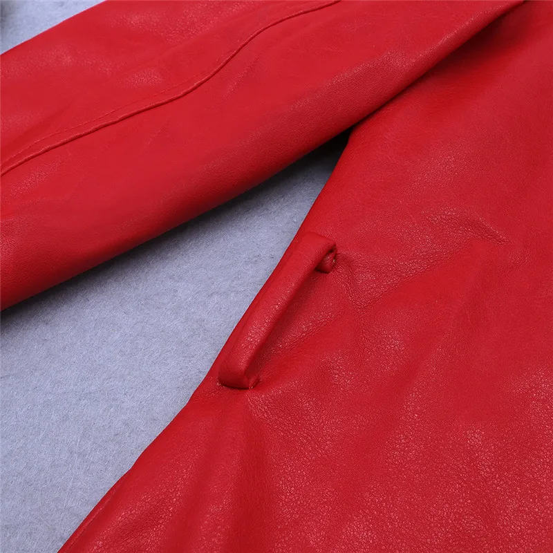 
A4268 Wholesale Red Long Sleeve Belted Winter Synthetic Leather Woman Jacket 