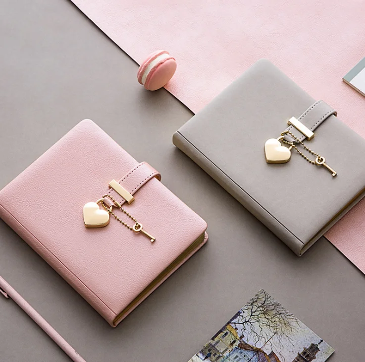 B6 Kawaii Diary Heart Lock Diary with lock and key PU Secret Notebook Retro Travel Liner Paper Heart lock Diary