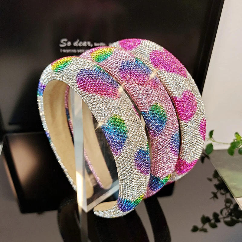 Shenglan Sponge Sparkling Colorful Rhinestone Headband Padded Heart Headbands Wedding Bridal Headbands