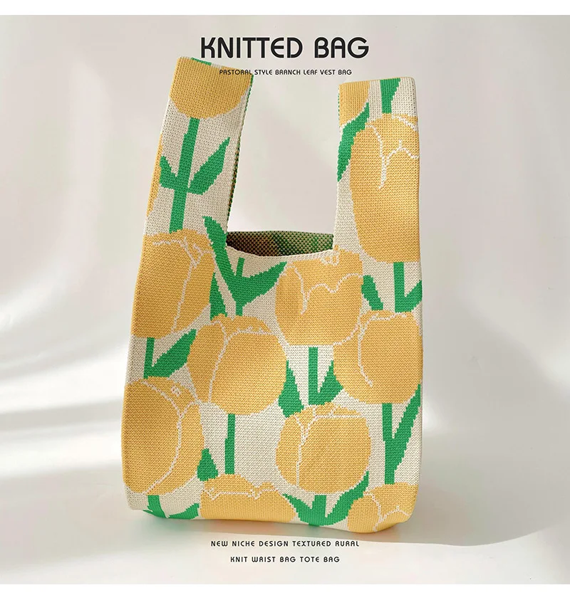 Fashion Design Flower Pattern Knitted Handbag Cute Ladies Casual Crochet Wallet Knitted Tote Bag