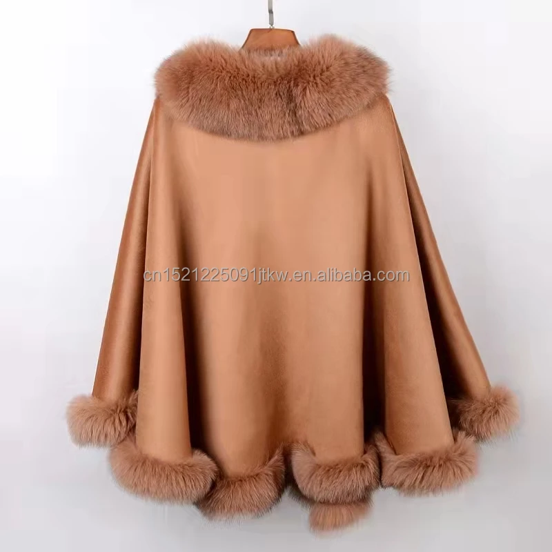 2021 winter  Women  fashion wool  poncho   cashmere  fur  Shawl  Fox  fur trimming  wool  Poncho