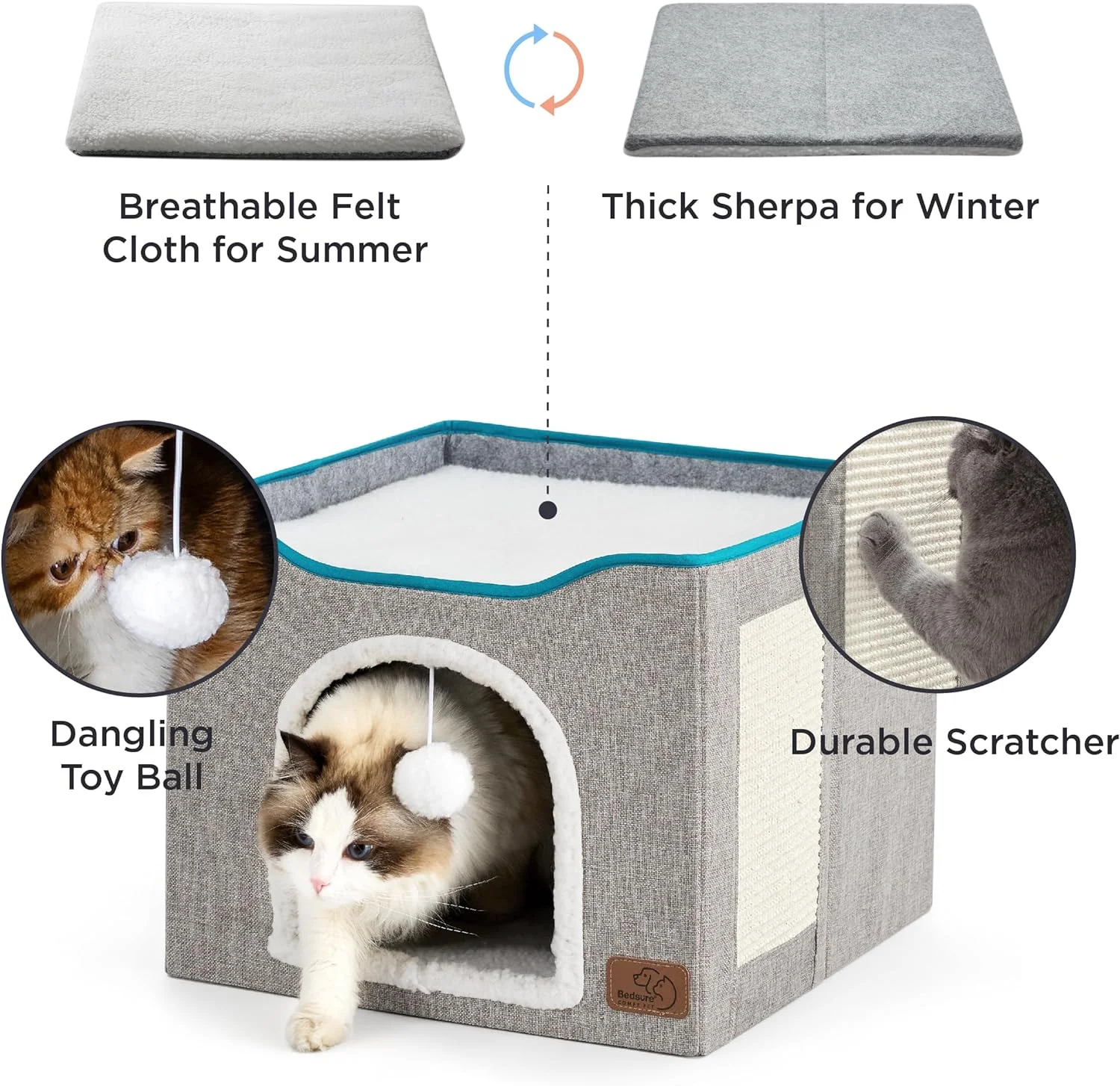 Suitable for indoor cat beds - large cat litter box with pom-pom hanging device and scratching mat, foldable cat hideout