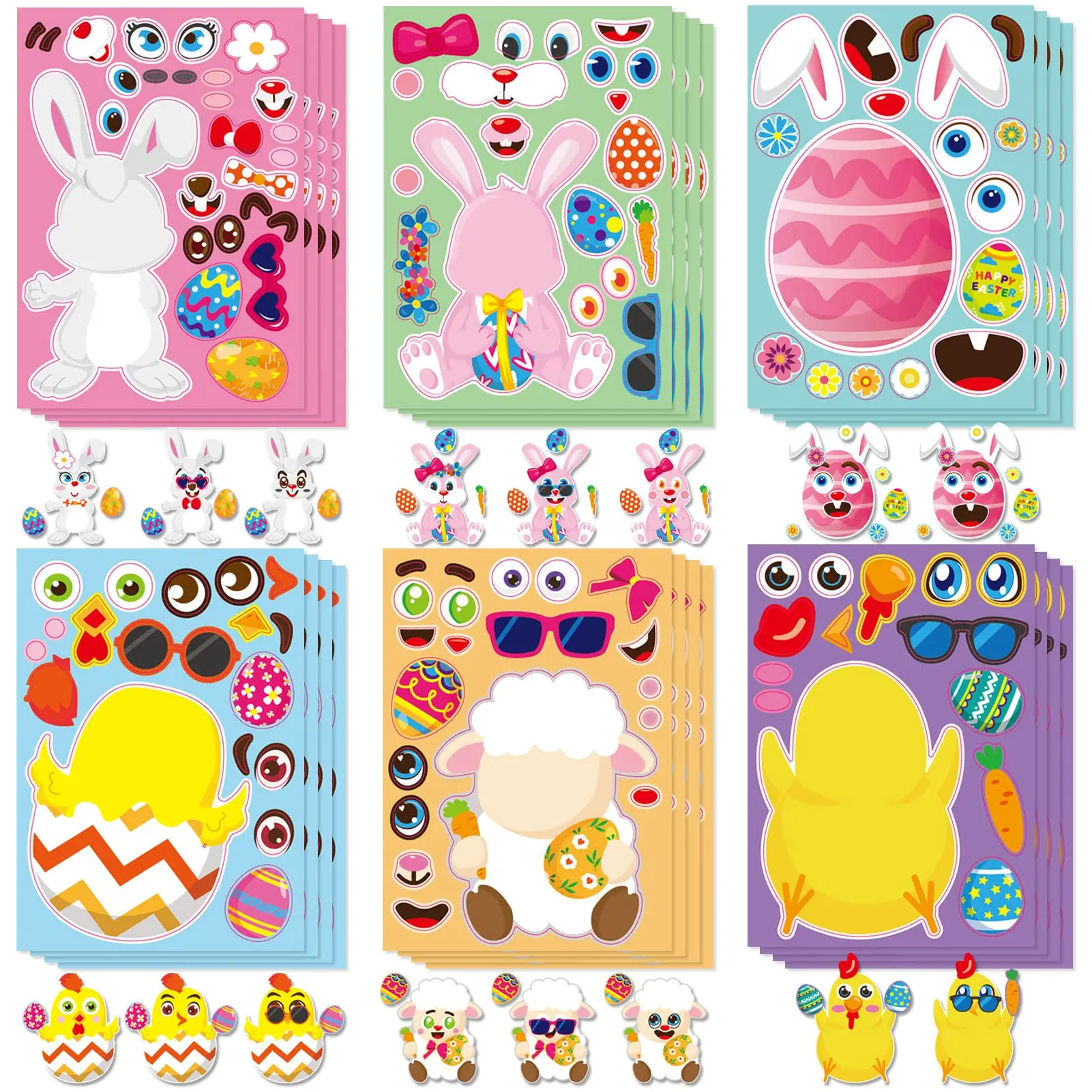 24pcs Easter Stickers for Kid, Make-a-face Easter Stickers for Child Easter Egg Farm Animal Rabbit Chicks