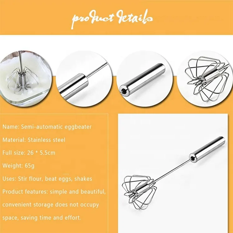 Semi-Automatic Egg Whisk Hand Held Whisk Self Stirring Stainless Steel Beater For Milk Frother,Hand Push Mixer Stirrer,Blending