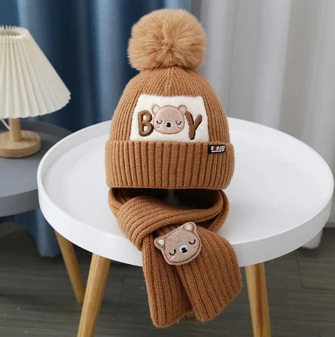 Kids Hat and Scarf Set Winter Knit Hat Unisex Baby Warm Chunky Thick Stretchy Hat and Scarf Set