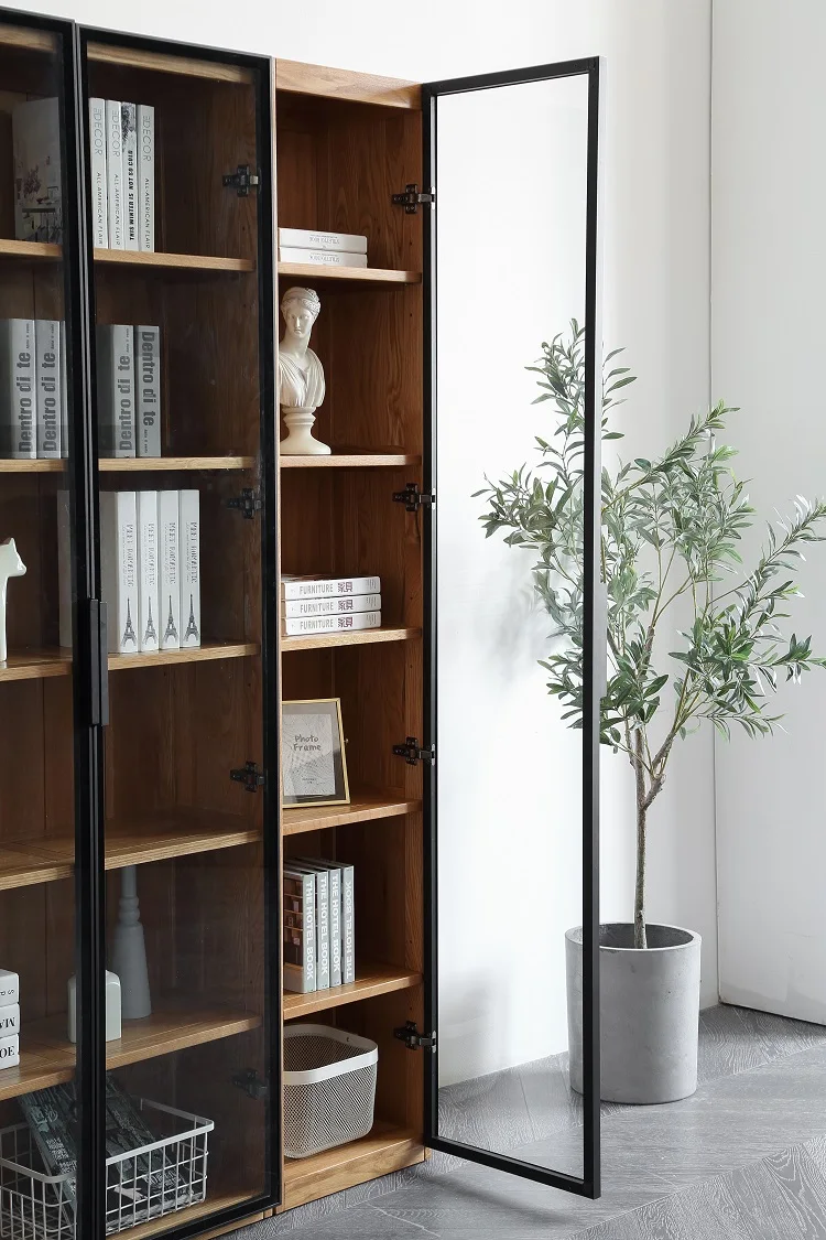 D6172 Nordic style solid OAK wood living room home office bookcase furniture with glass doors bookcase wooden bookshelf