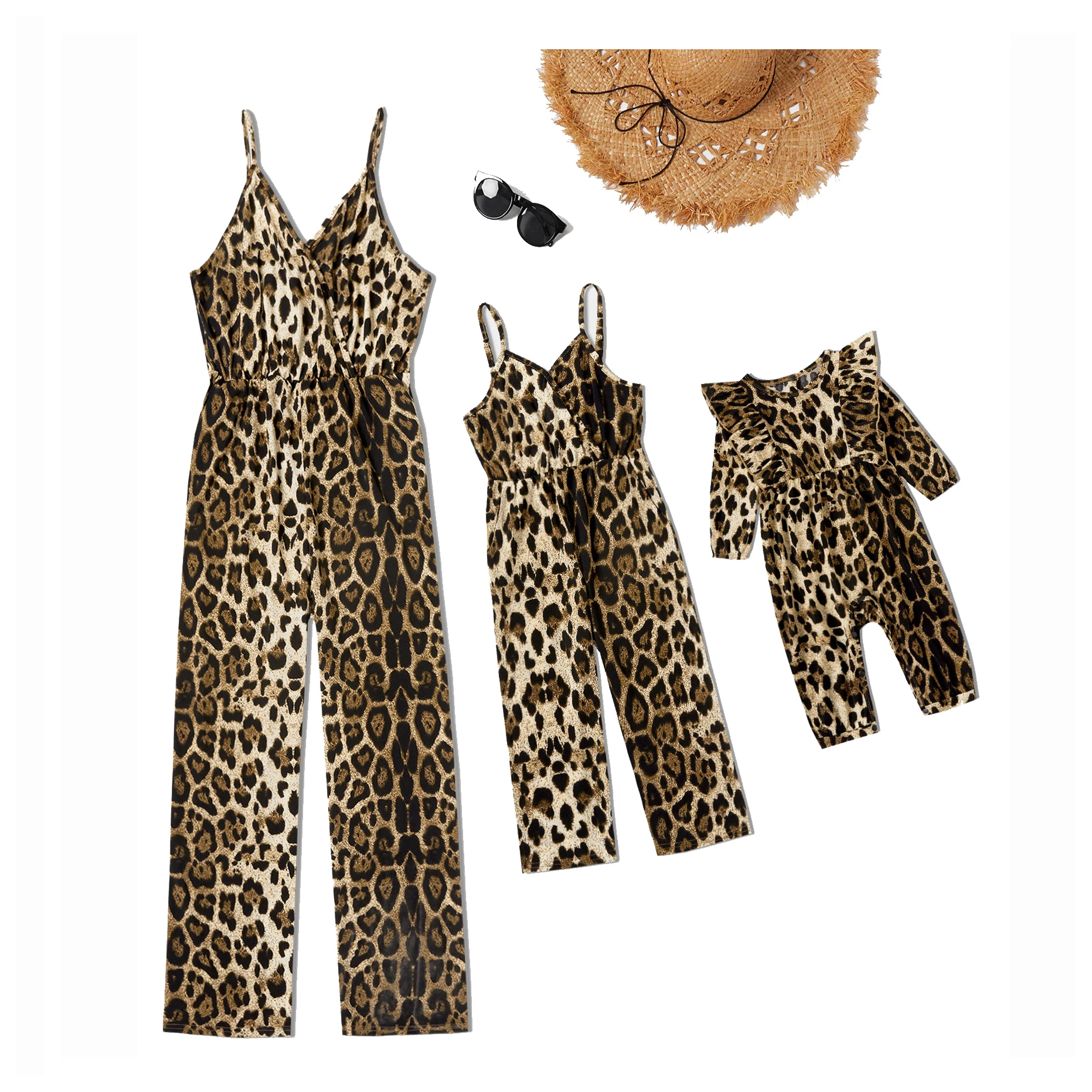 
Summer Mommy and Daughter and Baby Animal Print Outfits Cougar Mom Sleeveless Jumpsuit Baby Romper Sets Printed Girls Baby Girls 