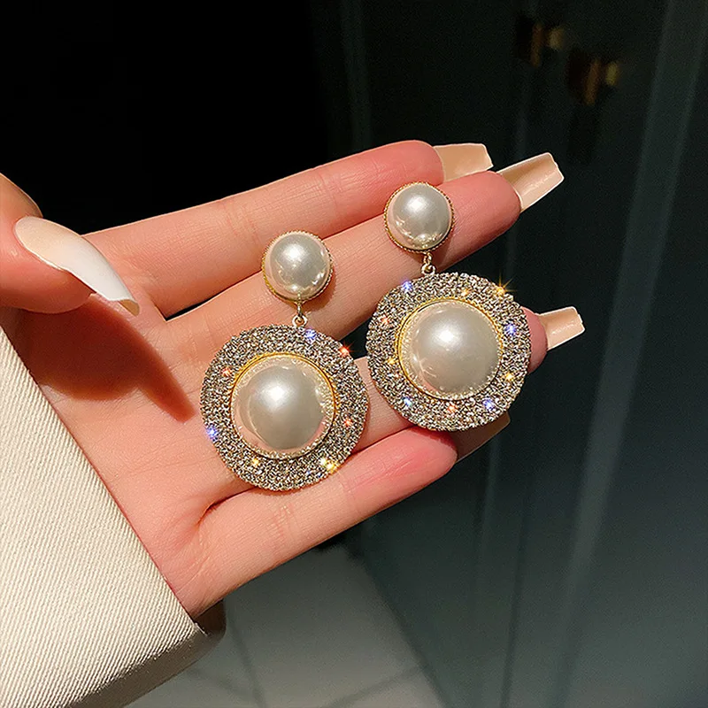 Women Gold Luxury Big Pearl Full Diamond Wedding Drop Dangle Earrings Jewelry Gift