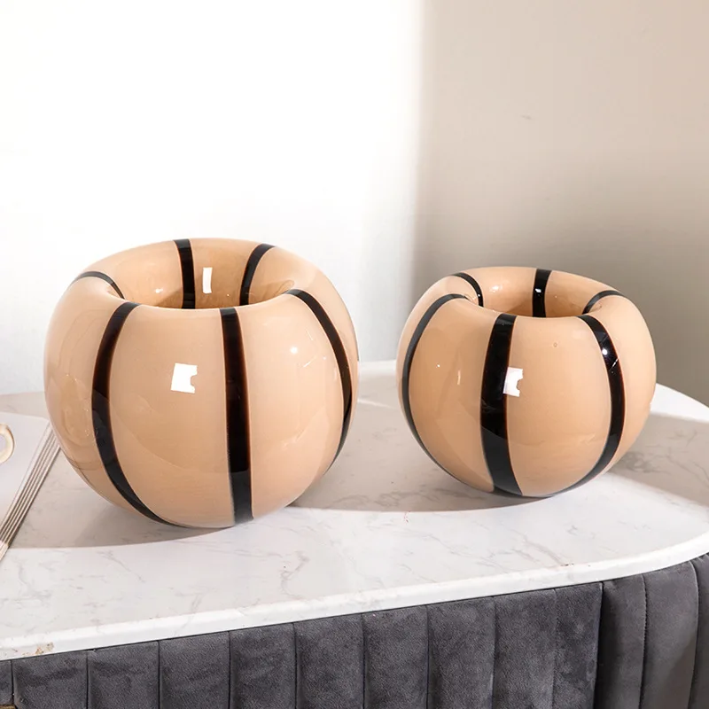 Nordic design sense vase ancient minority glass vase Black stripe advanced sense flower arrangement round crystal vase