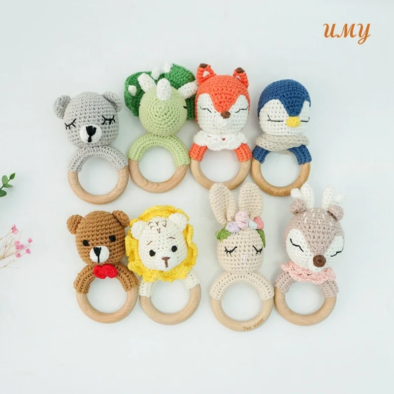 Hochet Crochet Teether Baby Teether Wood Ring Teething Toys Bpa Free Wooden Baby Teether Teething Toys for Babies 0-6 months