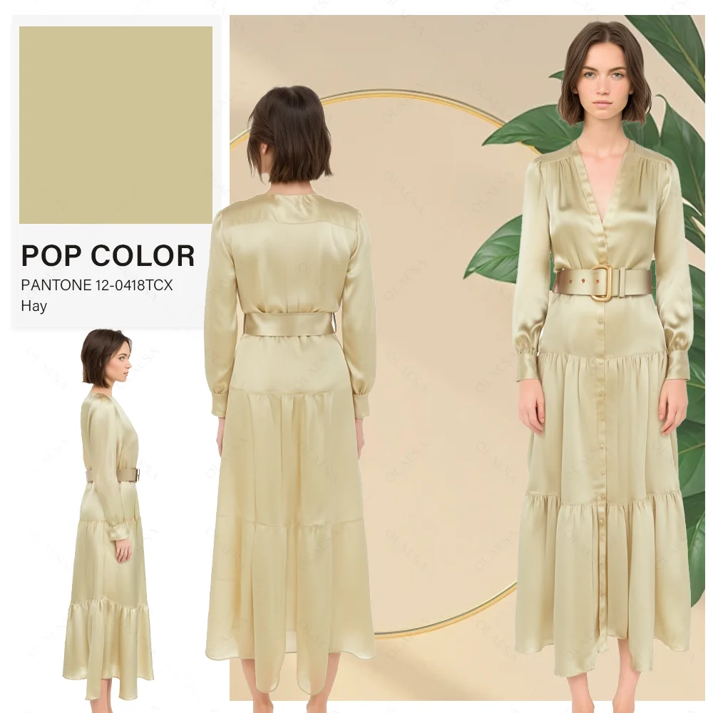 Elegant Silk Dresses Women Shirt Dress Long Sleeve Button Up Dresses Women