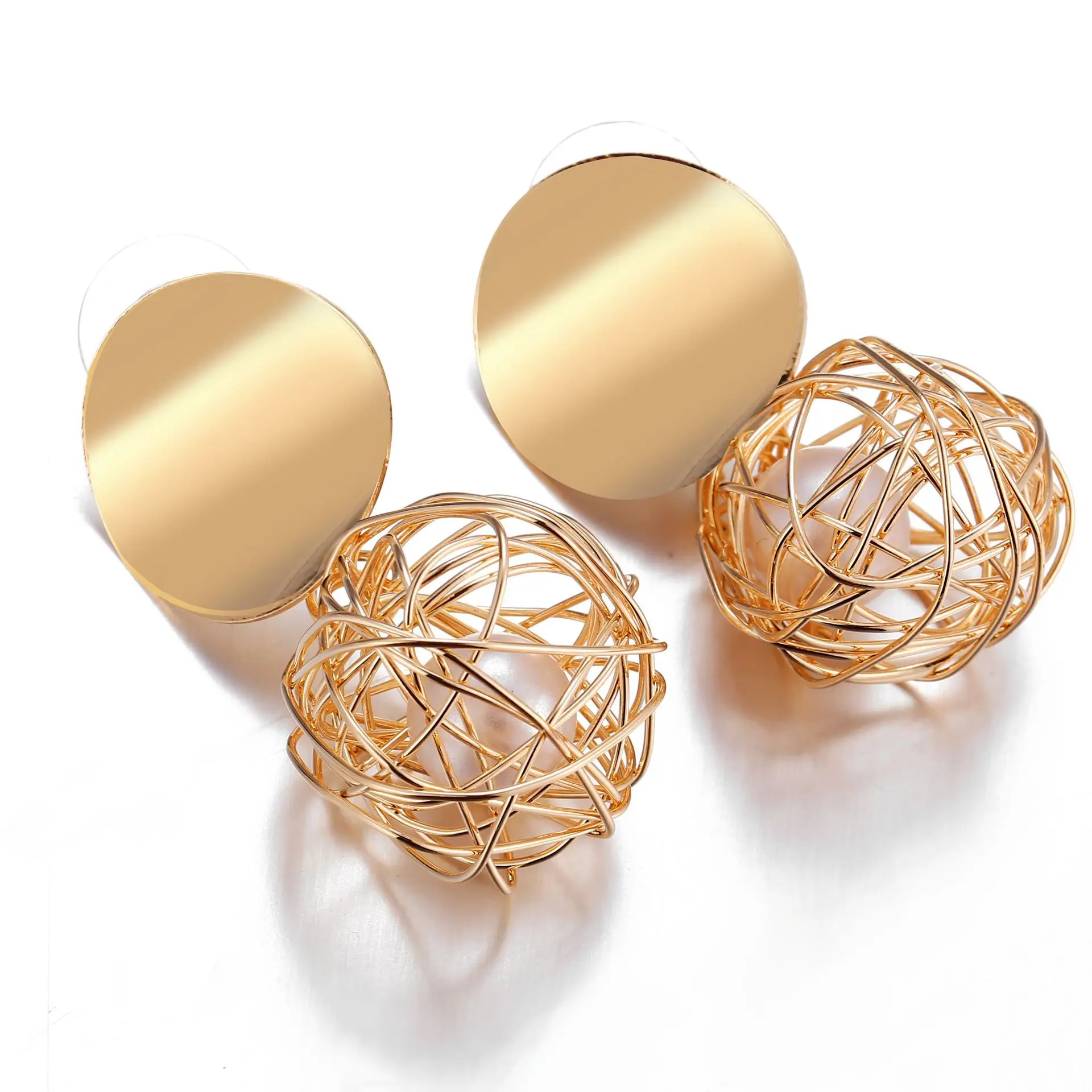 Fashion Punk Round Geometric Earrings Creative Woven Ball Pearl Earrings For Women Girls