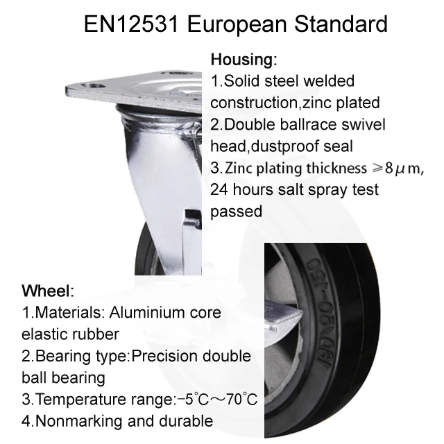 Double ball bearing 5 / 6 / 8 / 10 Inch elastic rubber trolley wheel aluminium  core industrial heavy duty pallet wheel