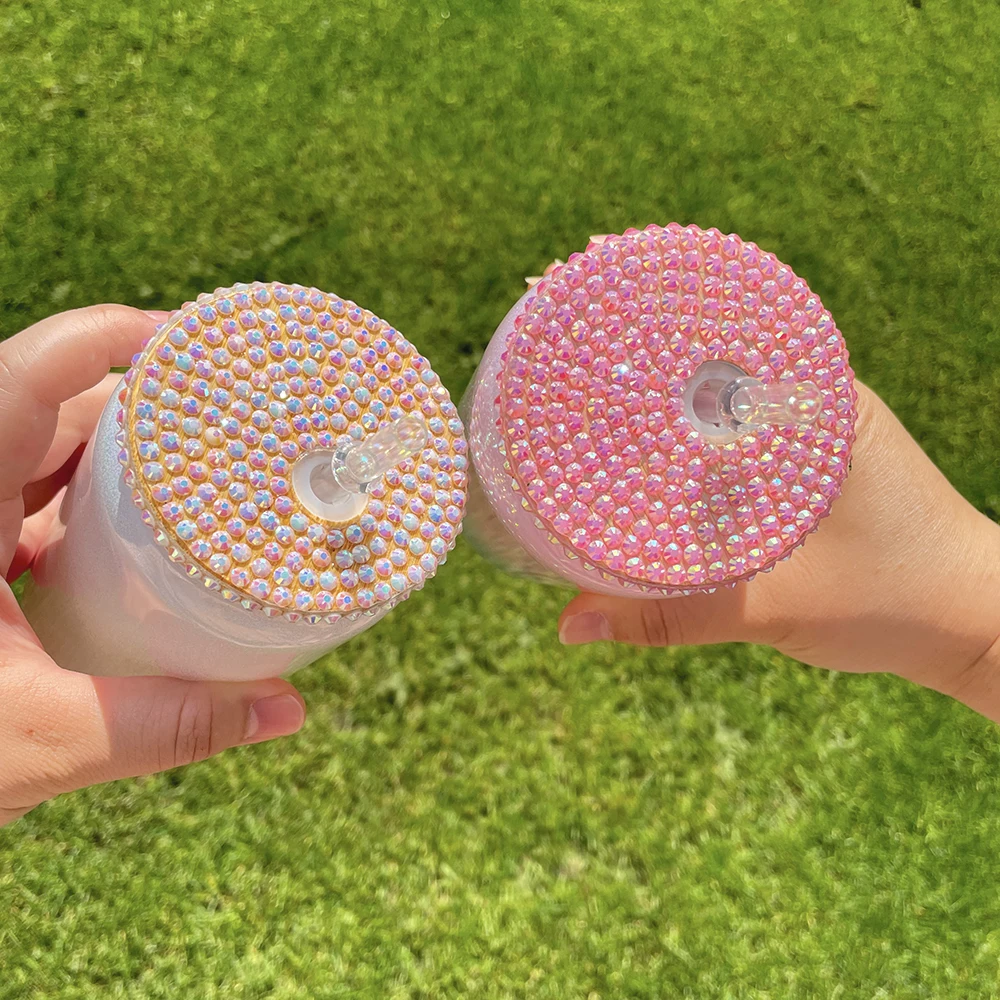 Reusable rhinestone bling pp lid for 16oz glass can Super Sparkly Bling Plastic Covers for 20oz Beer Glass Can
