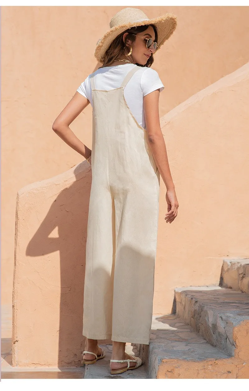 2022 new arrival summer ladies vintage cami jumpsuit female solid suspender long straight leg pants women casual loose jumpsuits