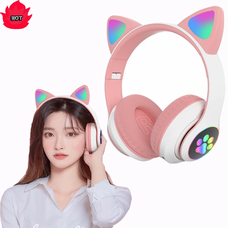 Tiktok Hot Sale Game live Stn 28 Earphone Women Children Ear Headphone Headset Led Glowing Foldable Ear STN-28 Wireless Headsets