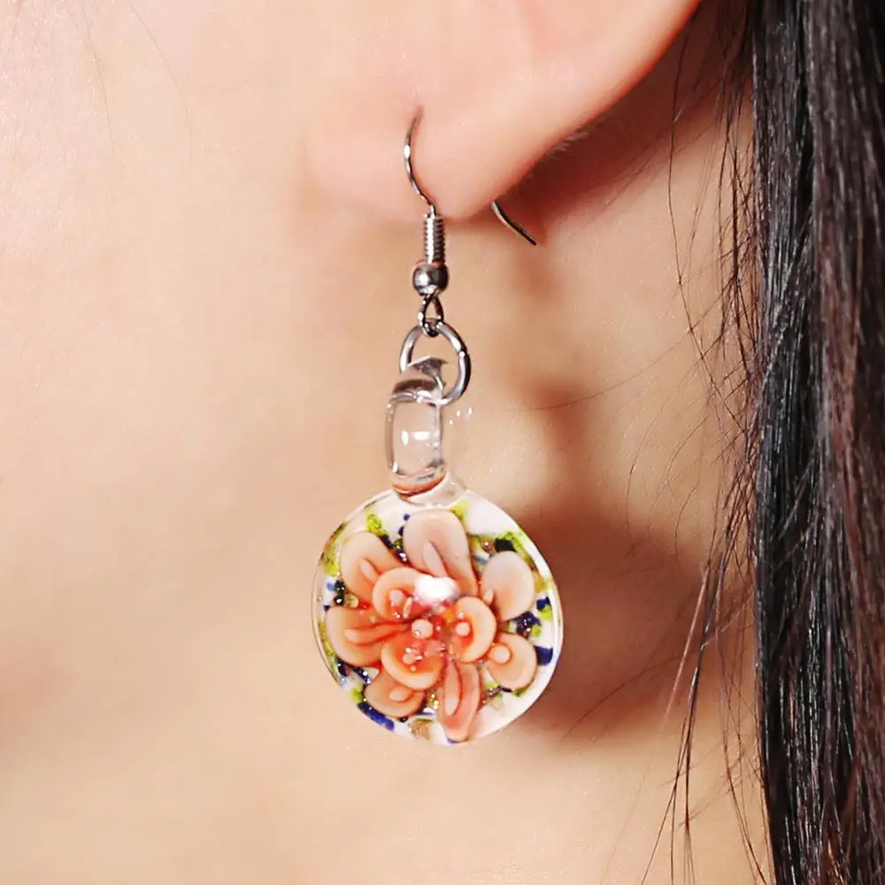 New style Millefiori Inspiration Lampwork Flower Italy Murano Glass Flat Ball Earrings Craft Jewelry Wholesale BHQ030