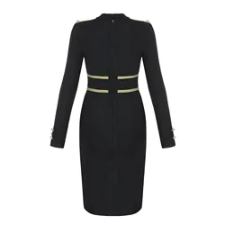 Long Sleeve Graceful Black Autumn Causal Bodycon Women Dress Simple V-neck Split Button Bandage Dress