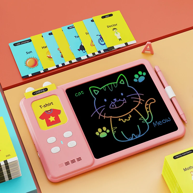 2 in 1 Educational Toys Sight Drawing Board Flash Card Machine, LCD Writing Tablet, English Talking Flash Card