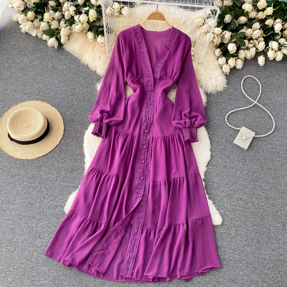 Custom wind lace v-neck dress waist slimming embroidery solid color dress
