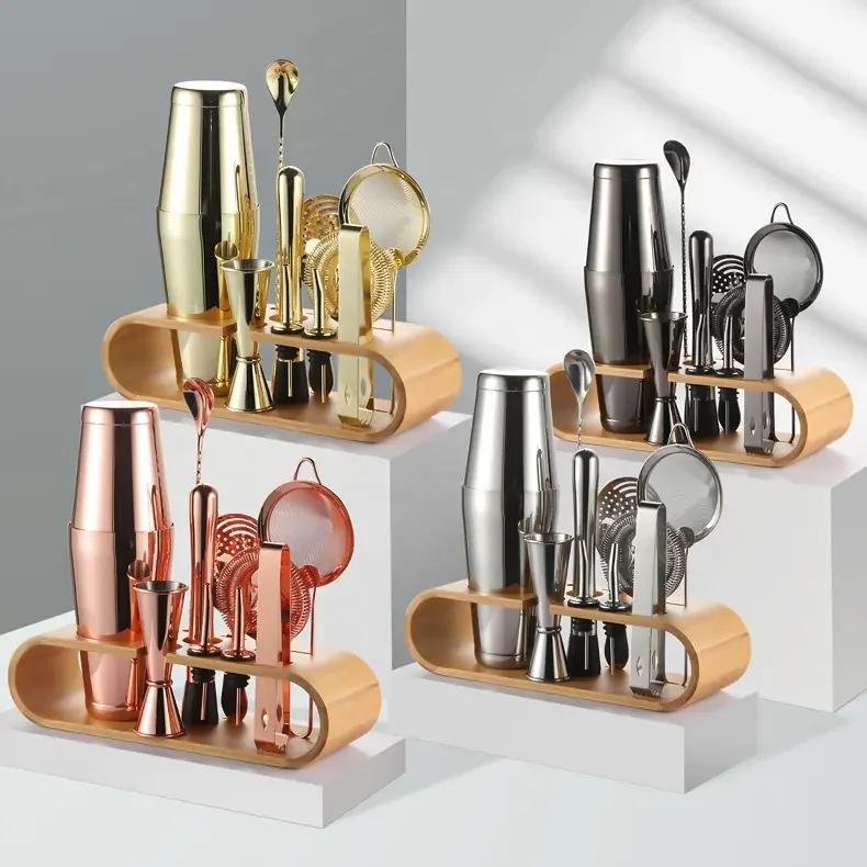 Creation Top Seller Custom 800ml Stainless Steel Kit Bartender Tools Boston Cocktail Shaker Bar Set With Bamboo Wood Stand
