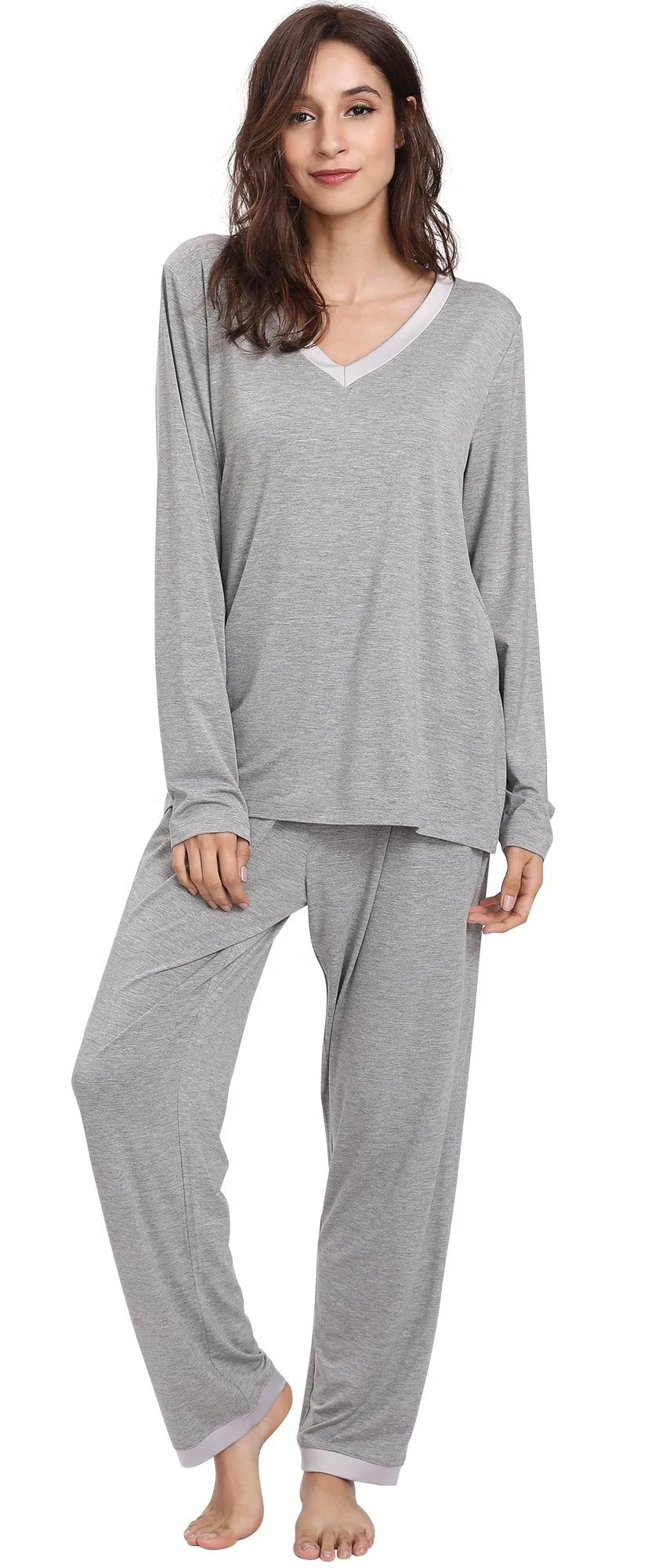 V Neck Soft Comfy Lounge Long Bamboo Sleepwear Pajamas Set