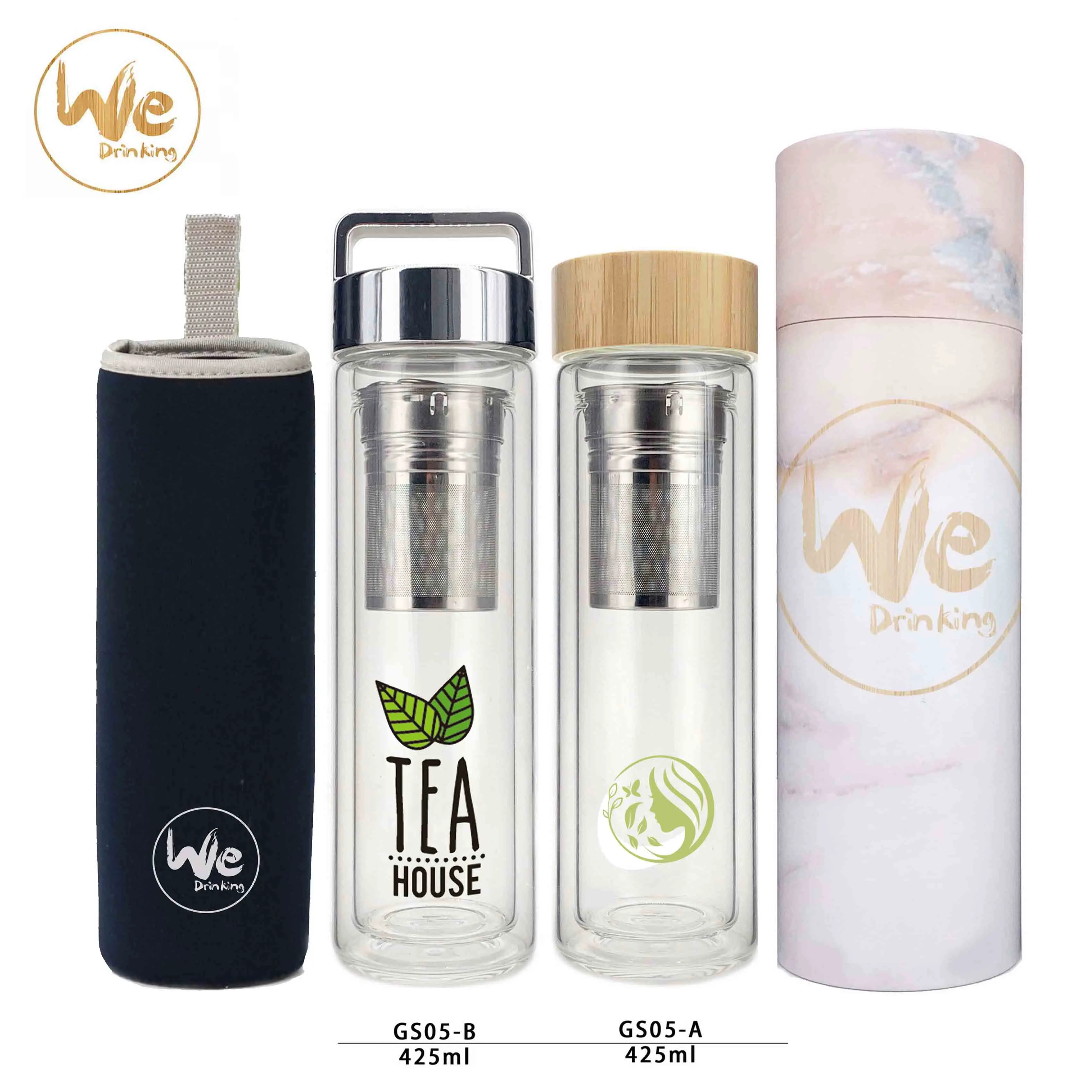 
GS07-B 480ml 17oz No Minimum Leakproof BPA Free Double Wall Tea Glass Bottle with Fruit Infuser 