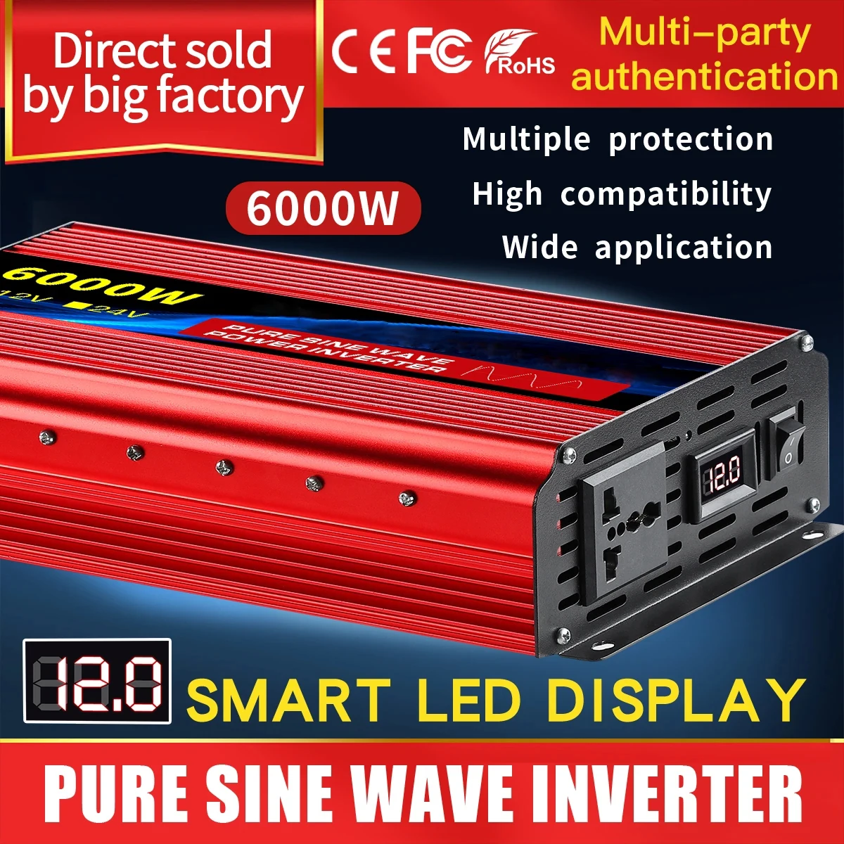 Inverter Pure Sine Wave DC12V/24V To AC 220V Voltage 7000W/8000W 50/60HZ Power Converter Solar Car Transformer With LED Display