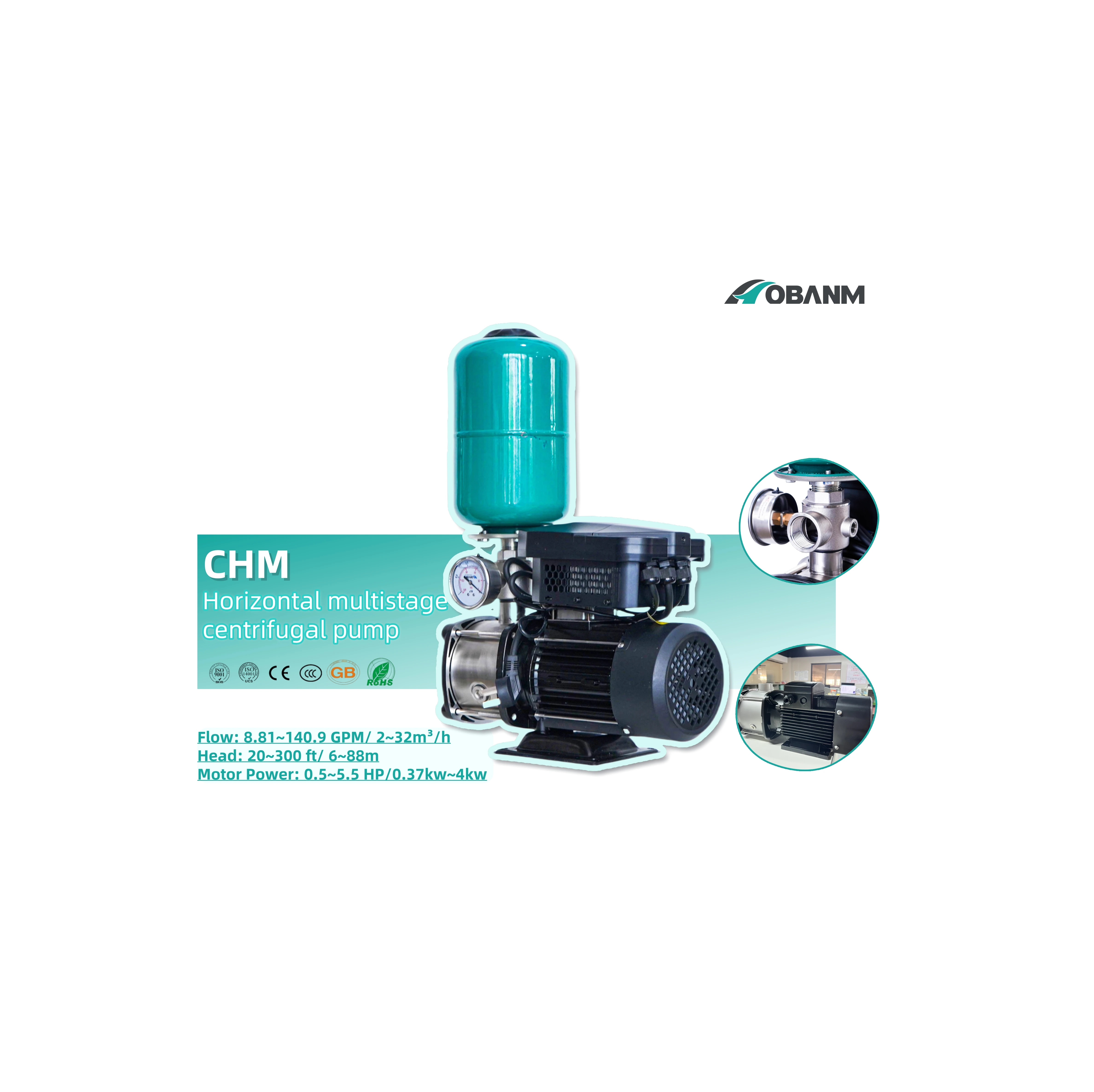 Горизонтальный многоступенчатый центробежный насос CHM 8-50 8 81 ~ 140 9 GPM поток 20 300 футов 2 л.с. многоцелевой водяной с большой скоростью потока