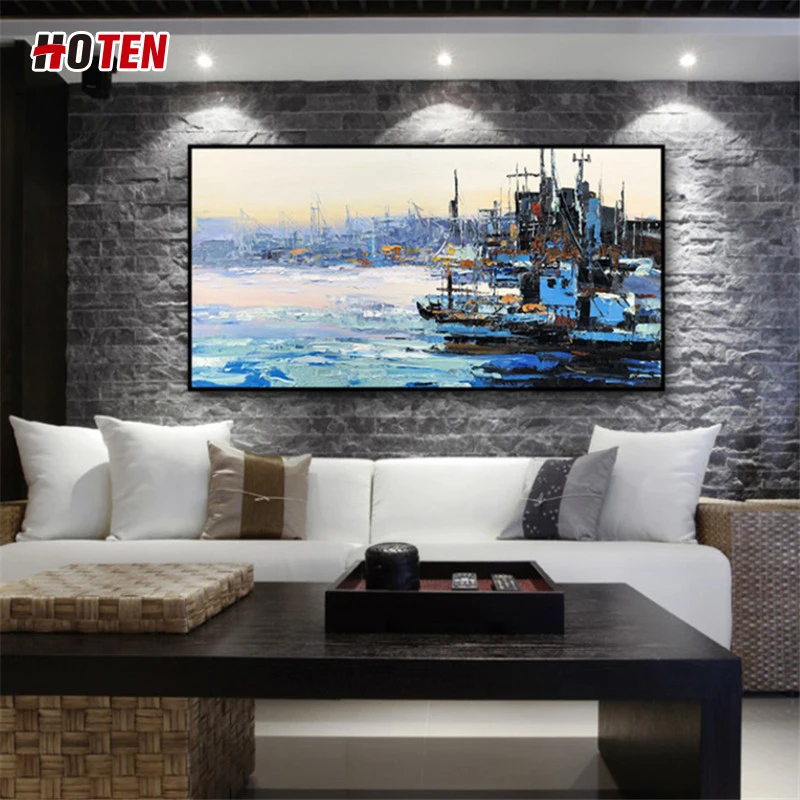 Large Size Hand Painted Abstract Boat Sea Beach Oil Painting On Canvas Abstract Seascape Wall Art Picture Living Room Home Decor