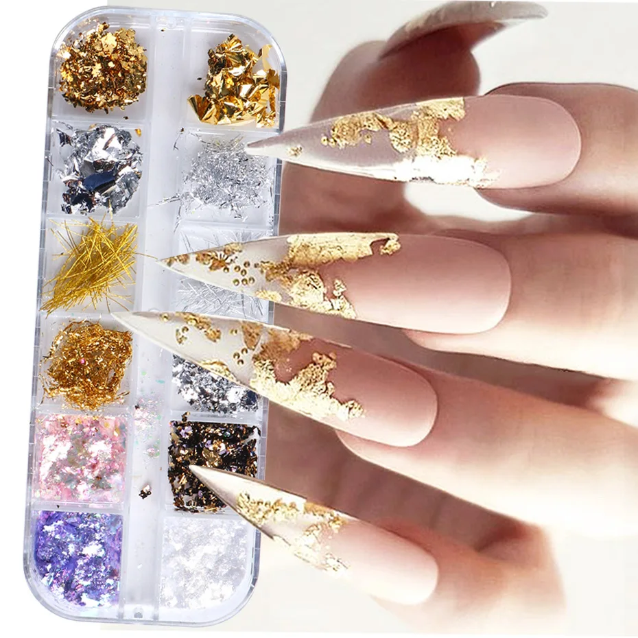 12 Grids/Box Gold Silver Irregular Aluminum Foil fragment Glitter Nail Art Sticker DIY Manicure UV Gel Polish Nail Decoration