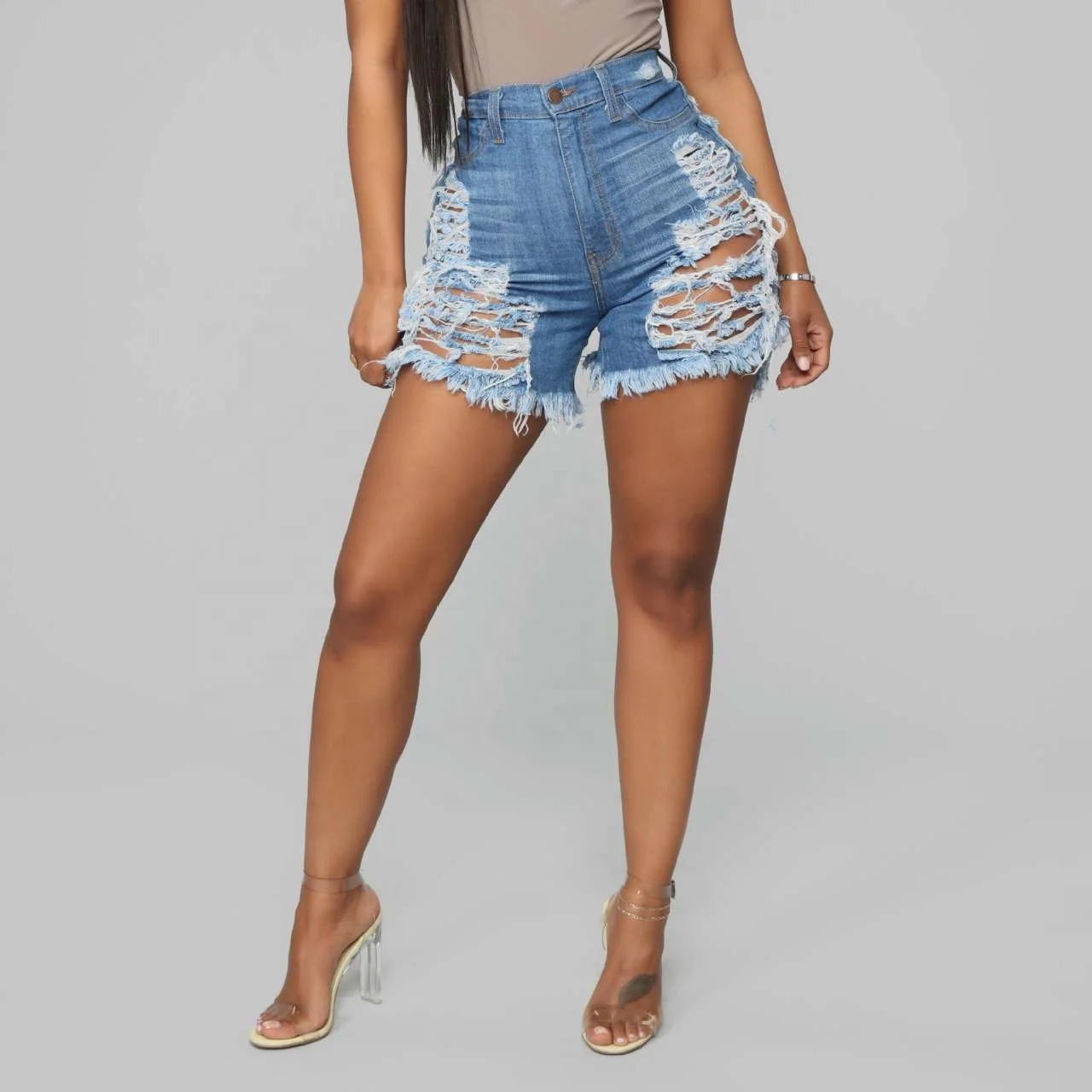 Wholesale 2022 women plus size High stretchy ripped jeans hollow out denim shorts