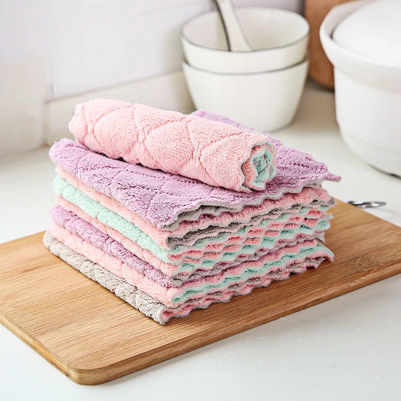 Premium Dish Cloths Super Absorbent Coral Fleece Cleaning Cloths Nonstick Oil Washable Fast Drying