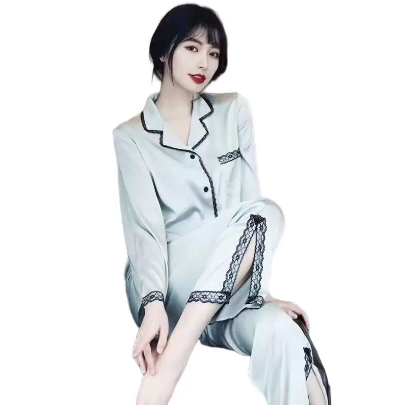 Spring and autumn new pajama set long sleeve pants two-piece set lace silk loungewear for women