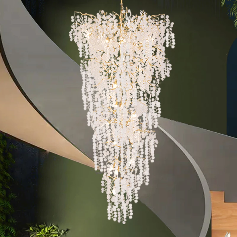 Luxury Long Chandeliers Pendant Light K9 Crystal Stairwell Rotating Hollow Brass Led Hanging Light Villa Lobby Large Chandelier