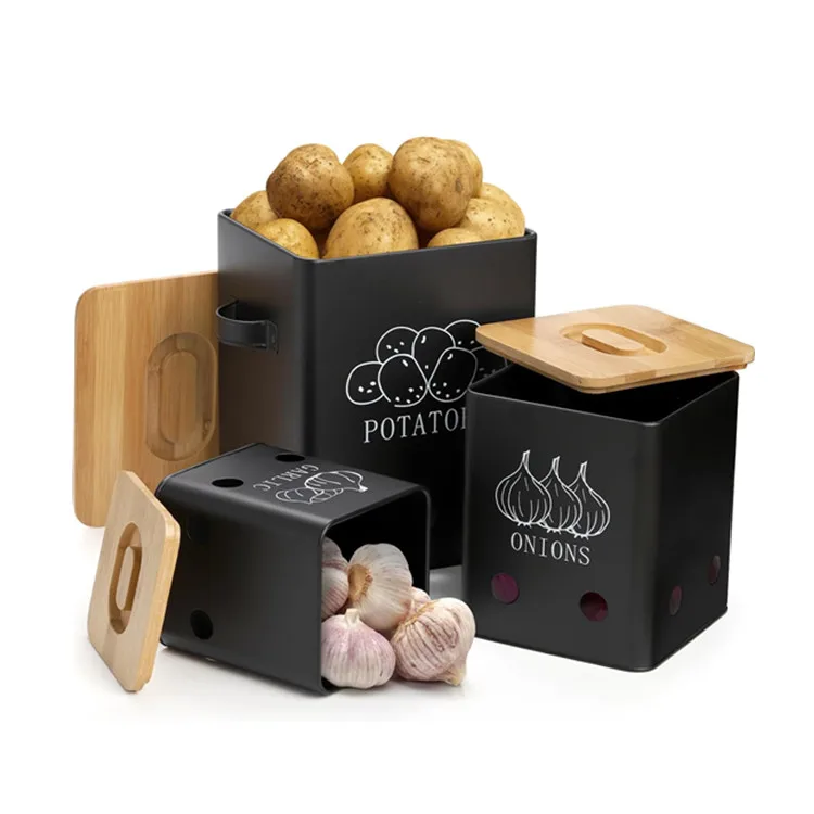 Kitchen Pantry Organizer Black Metal Vegetable Fresh Keeper Caddy Potato Onion Storage Box Food Container Sets With Bamboo Lids